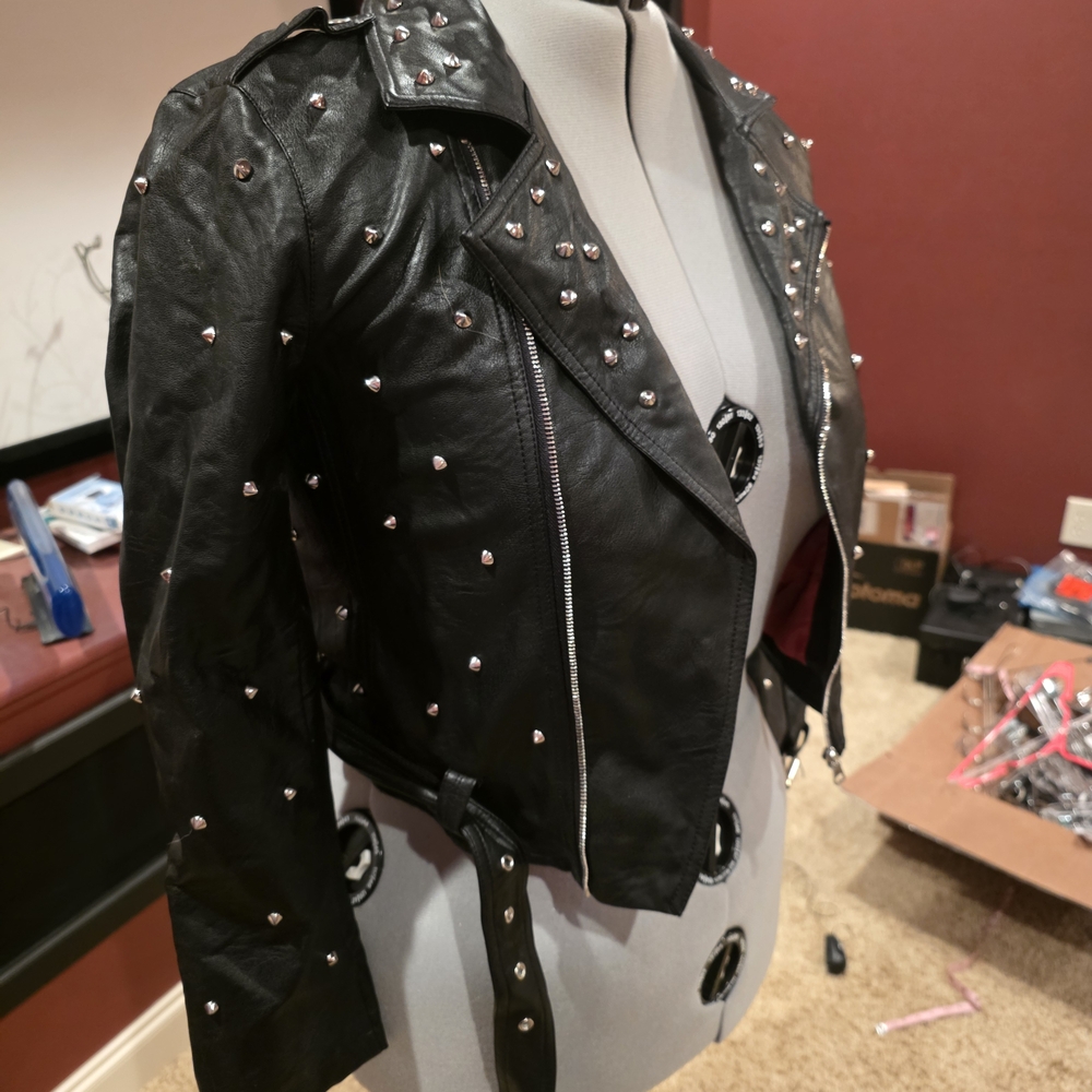 Studded Black Leather Moto Jacket - Women - Picture 6 of 7